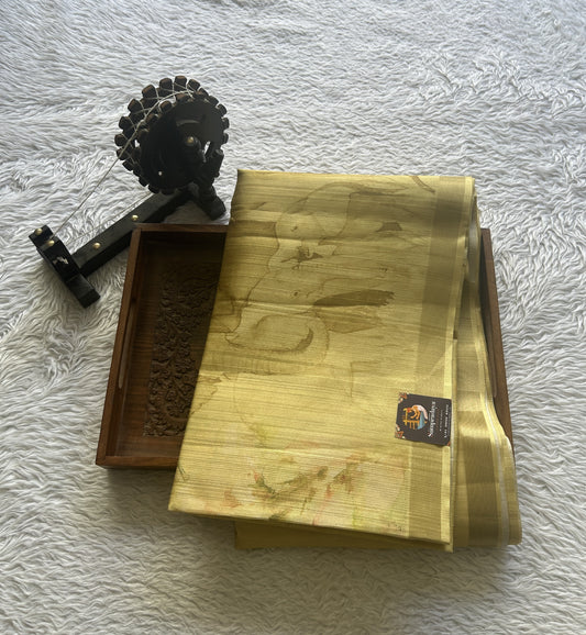 Semi Tussar Saree Light Yellow Colored Elegantly Paired with a Zari Border. - Sampradaya Designer Studio