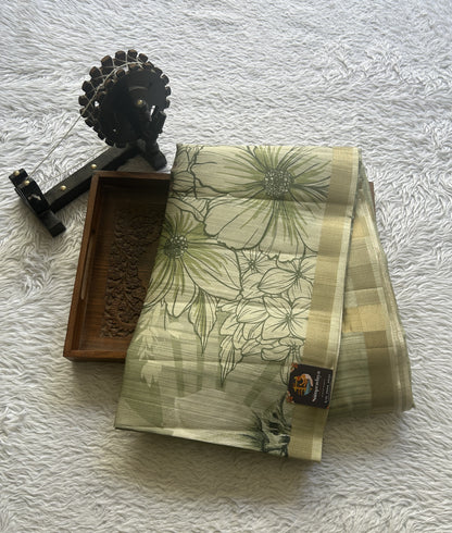 Semi Tussar Saree Light Green Colored Elegantly Paired with a Zari Border. - Sampradaya Designer Studio