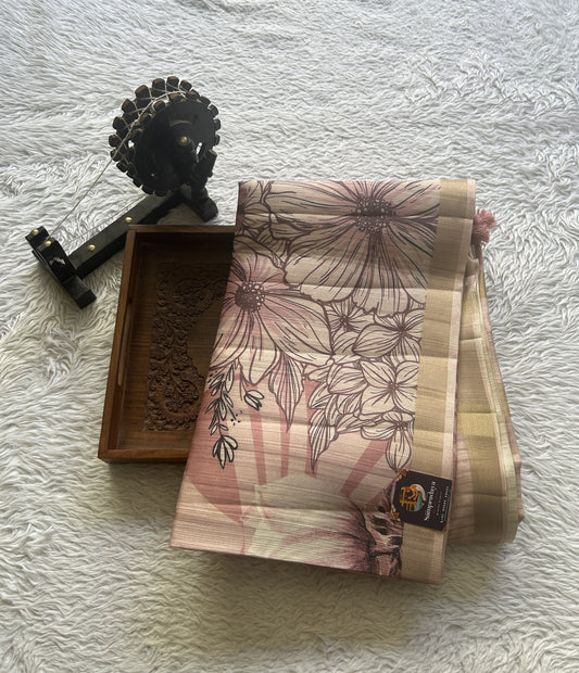 Semi Tussar Saree Light Baby Pink Colored Elegantly Paired with a Zari Border. - Sampradaya Designer Studio