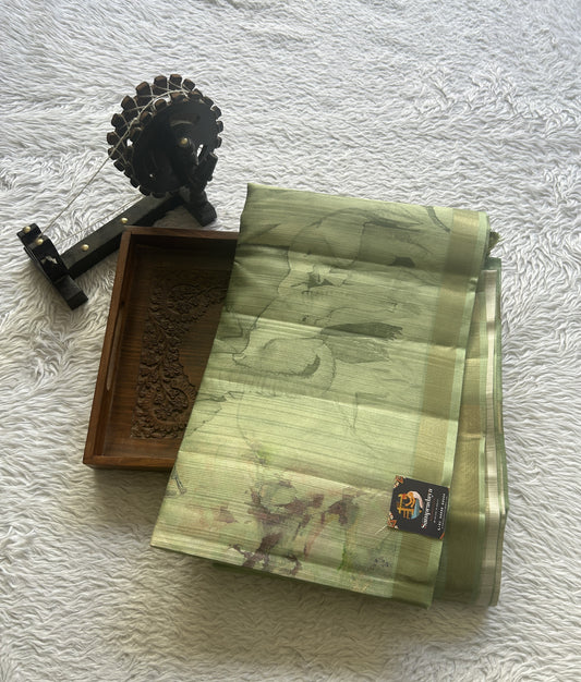 Semi Tussar Saree Leaf Green Colored Elegantly Paired with a Zari Border. - Sampradaya Designer Studio