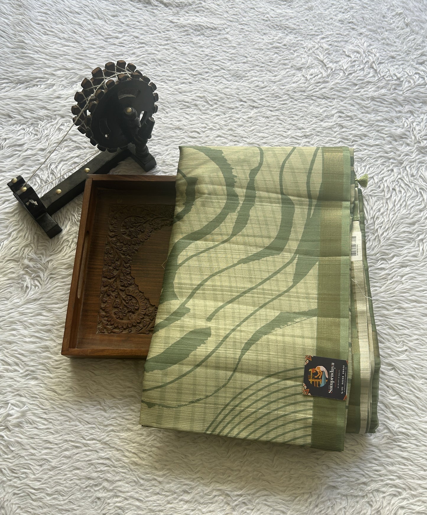 Semi Tussar Saree Olive Green Colored Elegantly Paired with a Zari Border. - Sampradaya Designer Studio