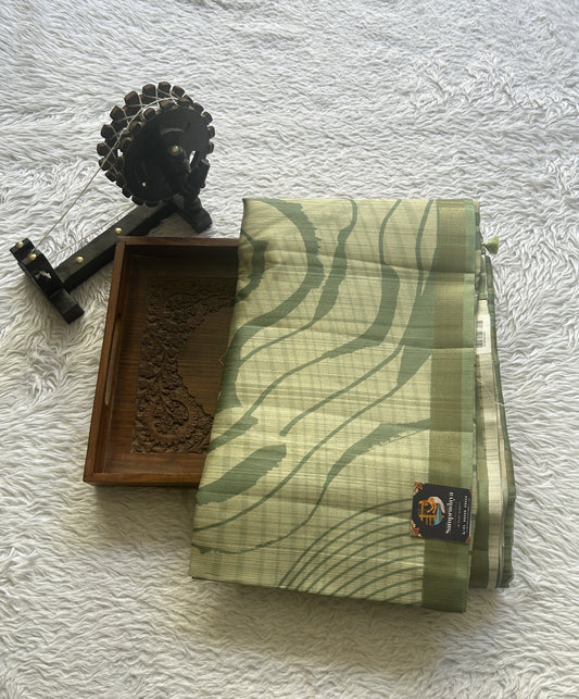 Semi Tussar Saree Olive Green Colored Elegantly Paired with a Zari Border. - Sampradaya Designer Studio