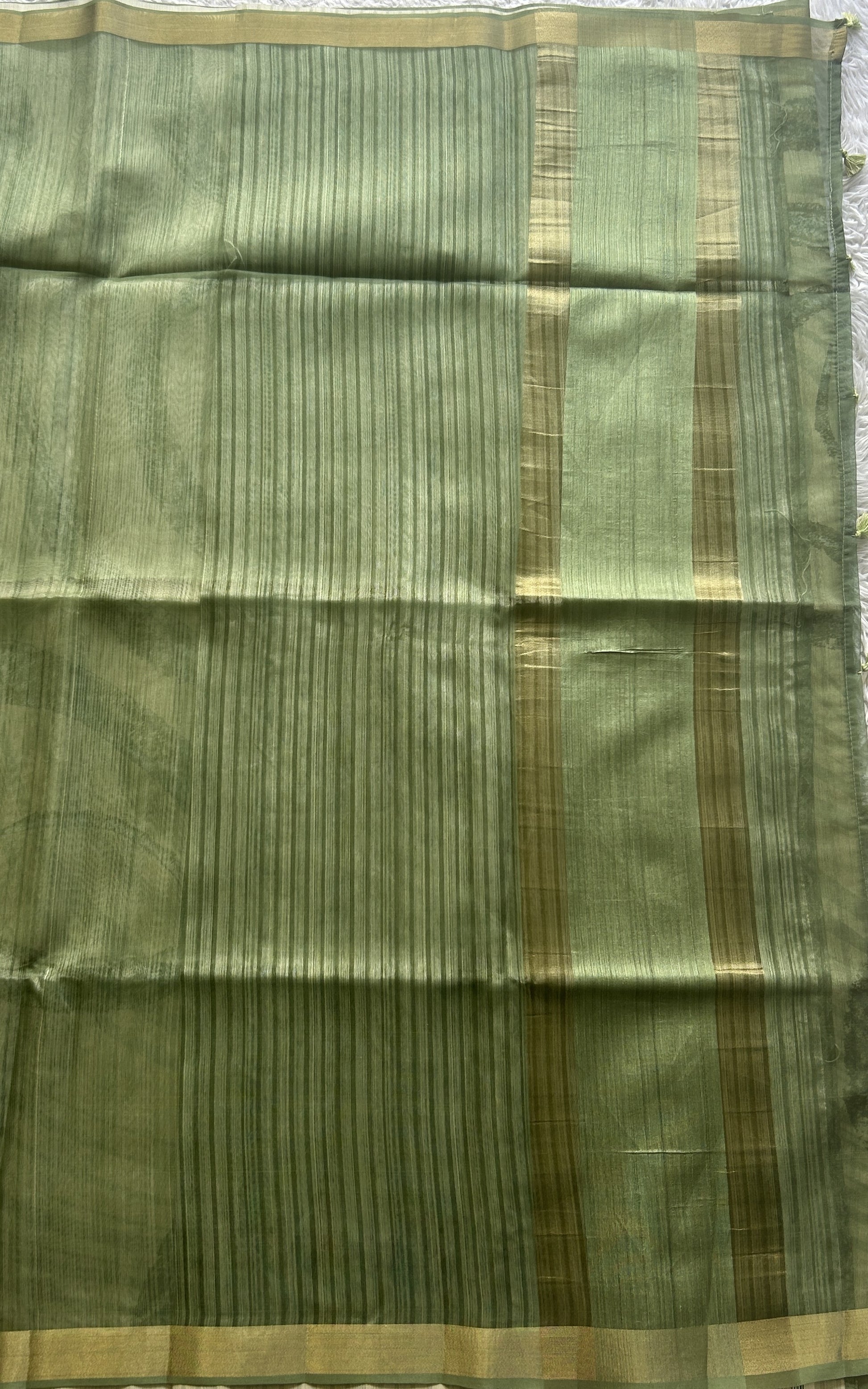 Semi Tussar Saree Olive Green Colored Elegantly Paired with a Zari Border. - Sampradaya Designer Studio