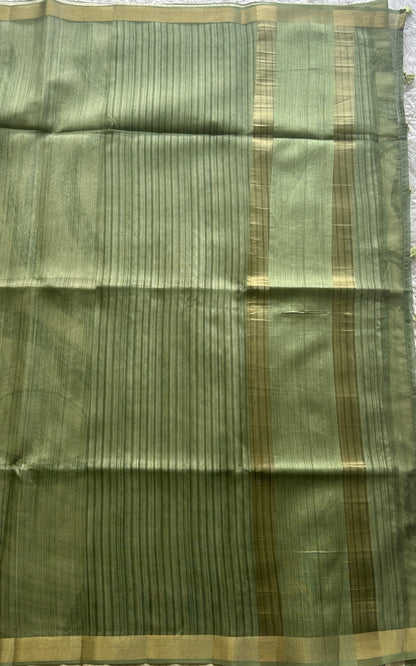 Semi Tussar Saree Olive Green Colored Elegantly Paired with a Zari Border. - Sampradaya Designer Studio