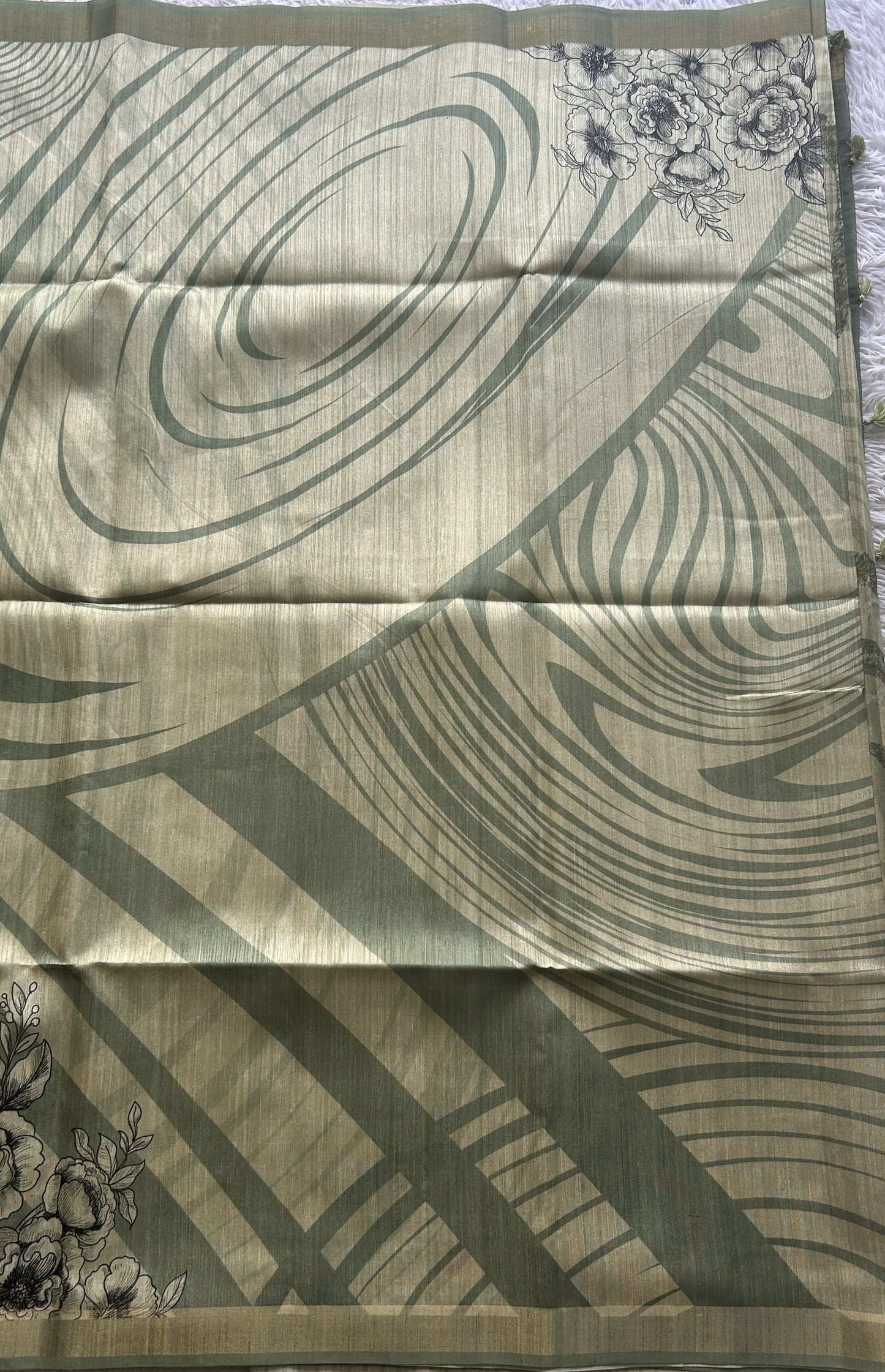 Semi Tussar Saree Olive Green Colored Elegantly Paired with a Zari Border. - Sampradaya Designer Studio