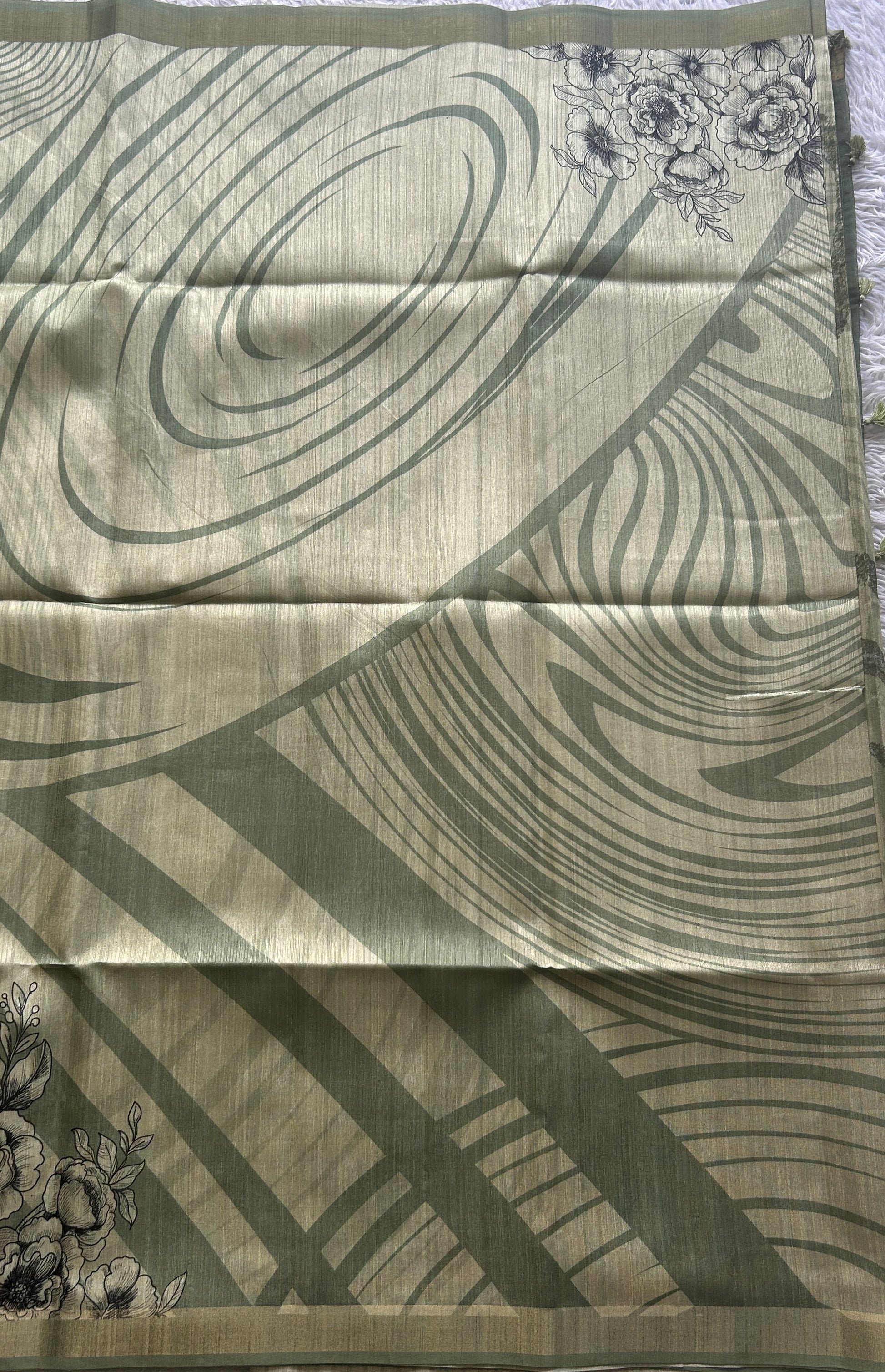 Semi Tussar Saree Olive Green Colored Elegantly Paired with a Zari Border. - Sampradaya Designer Studio