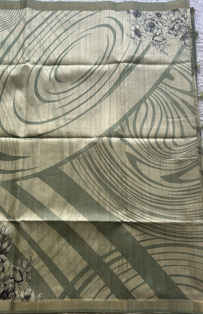 Semi Tussar Saree Olive Green Colored Elegantly Paired with a Zari Border. - Sampradaya Designer Studio