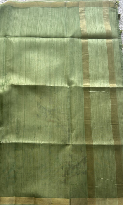 Semi Tussar Saree Leaf Green Colored Elegantly Paired with a Zari Border. - Sampradaya Designer Studio