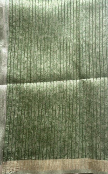 Semi Tussar Saree Leaf Green Colored Elegantly Paired with a Zari Border. - Sampradaya Designer Studio