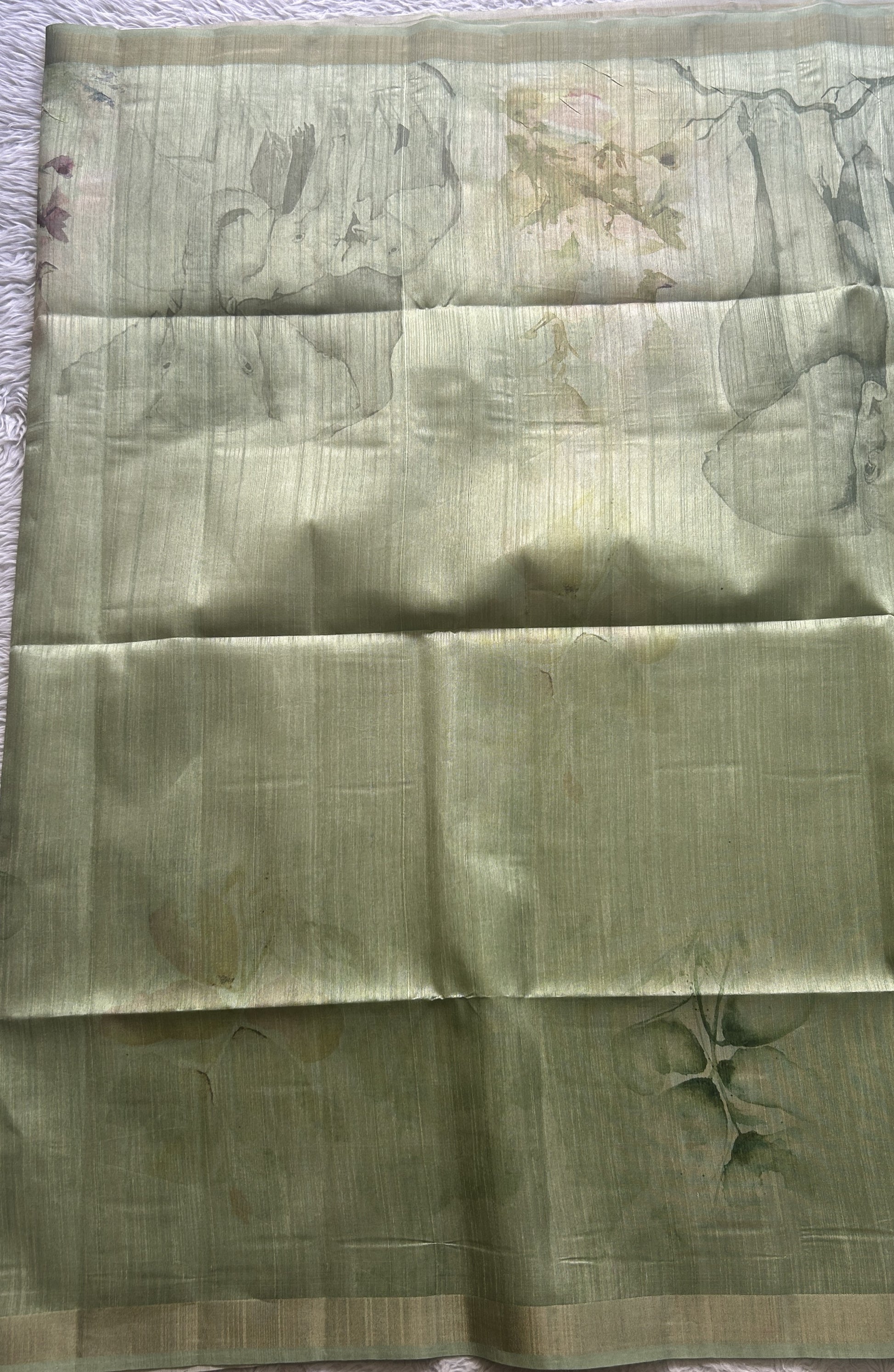 Semi Tussar Saree Leaf Green Colored Elegantly Paired with a Zari Border. - Sampradaya Designer Studio