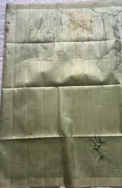 Semi Tussar Saree Leaf Green Colored Elegantly Paired with a Zari Border. - Sampradaya Designer Studio