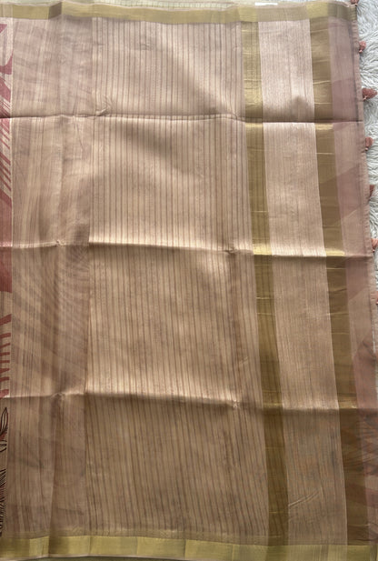 Semi Tussar Saree Light Baby Pink Colored Elegantly Paired with a Zari Border. - Sampradaya Designer Studio