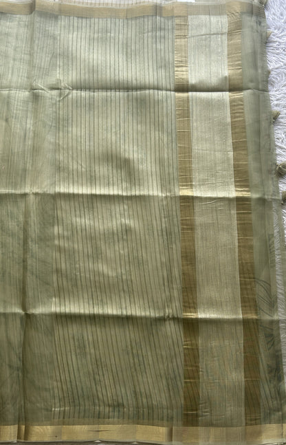Semi Tussar Saree Light Green Colored Elegantly Paired with a Zari Border. - Sampradaya Designer Studio