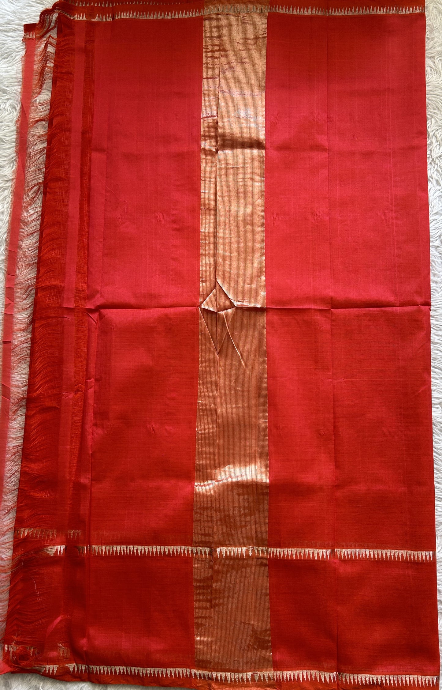 Mangalagiri Plain Pattu Saree Red Orange colored complemented with a mangalagiri Gap Border - Sampradaya Designer Studio