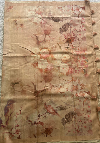 Semi Tussar Saree Light Peach Colored Elegantly Paired with a Borderless. - Sampradaya Designer Studio
