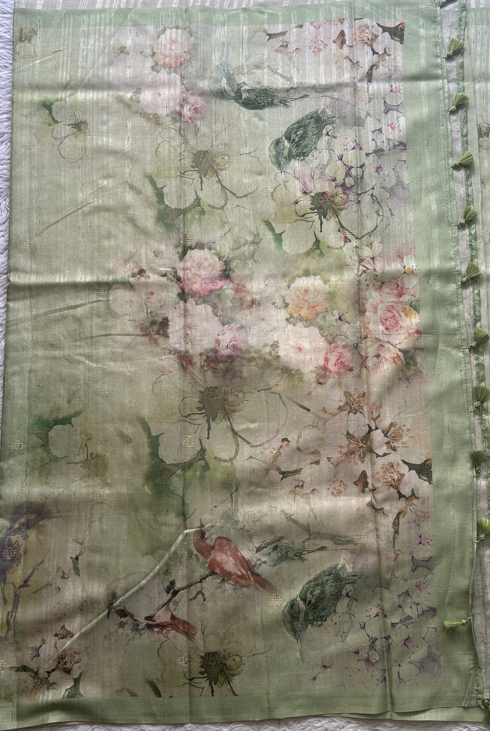 Semi Tussar Saree Light Green Colored Elegantly Paired with a Borderless. - Sampradaya Designer Studio