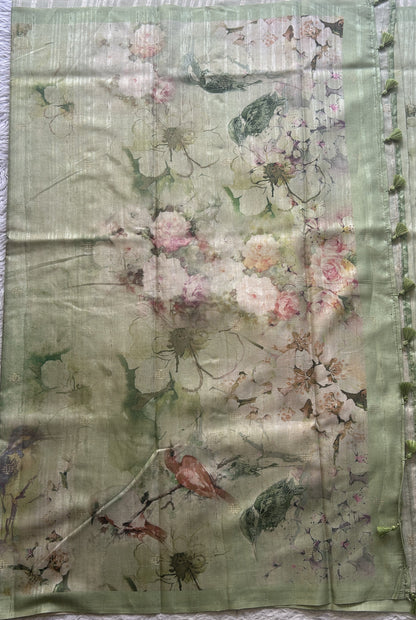 Semi Tussar Saree Light Green Colored Elegantly Paired with a Borderless. - Sampradaya Designer Studio