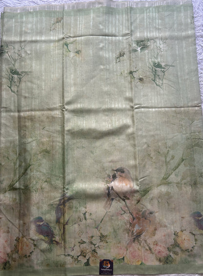 Semi Tussar Saree Light Green Colored Elegantly Paired with a Borderless. - Sampradaya Designer Studio