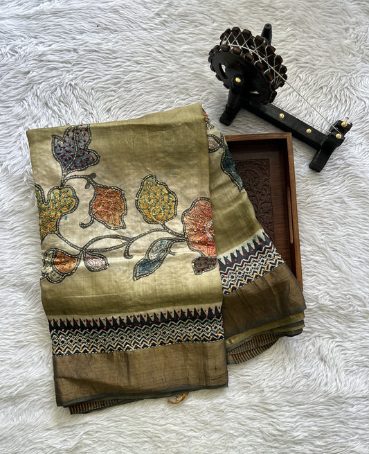 Pure Tussar Silk Saree Dark Olive Green Color Complemented with a Zari Border. - Sampradaya Designer Studio