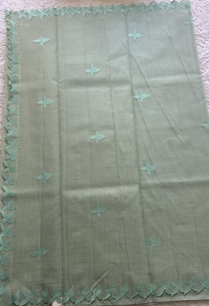 Silk kota Saree Mint colored Complemented with a Applique Border. - Sampradaya Designer Studio