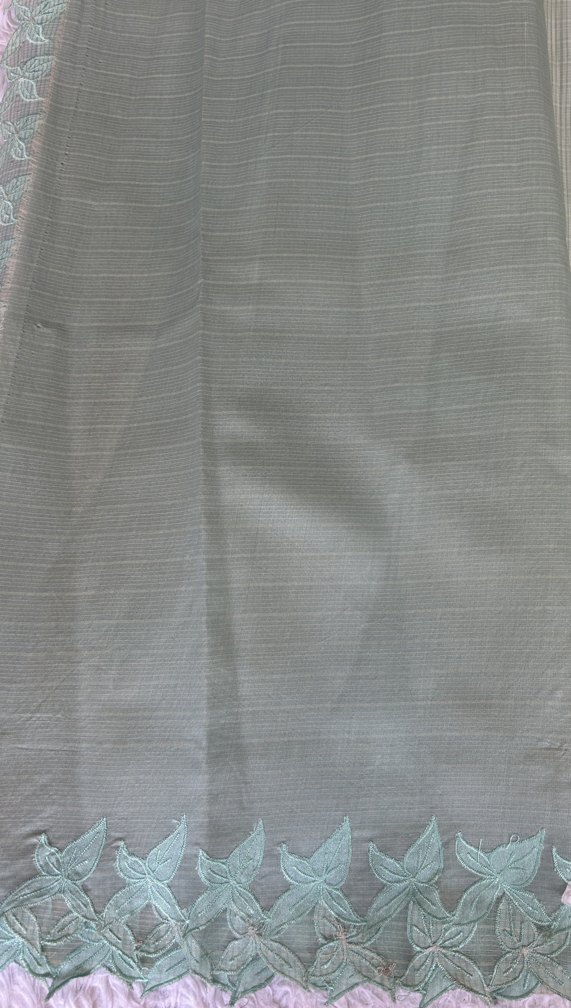 Silk kota Saree Mint colored Complemented with a Applique Border. - Sampradaya Designer Studio