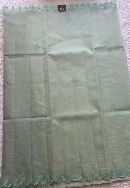 Silk kota Saree Mint colored Complemented with a Applique Border. - Sampradaya Designer Studio