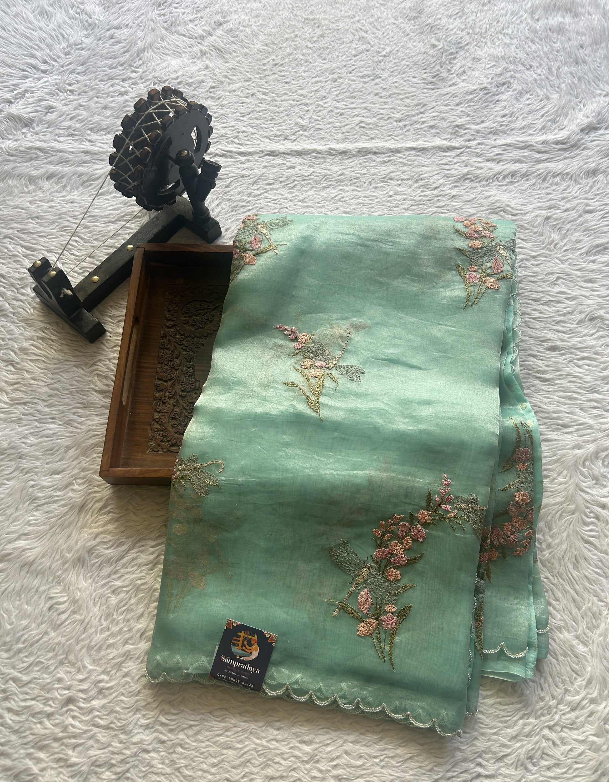 Banarasi Tissue Kora Saree Light Blue Colored Complemented with a Scallop Border. - Sampradaya Designer Studio