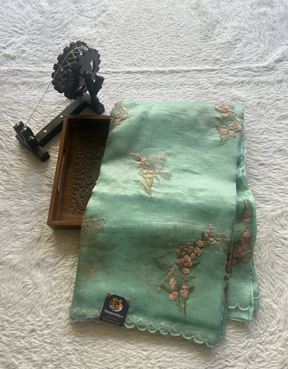 Banarasi Tissue Kora Saree Light Blue Colored Complemented with a Scallop Border. - Sampradaya Designer Studio