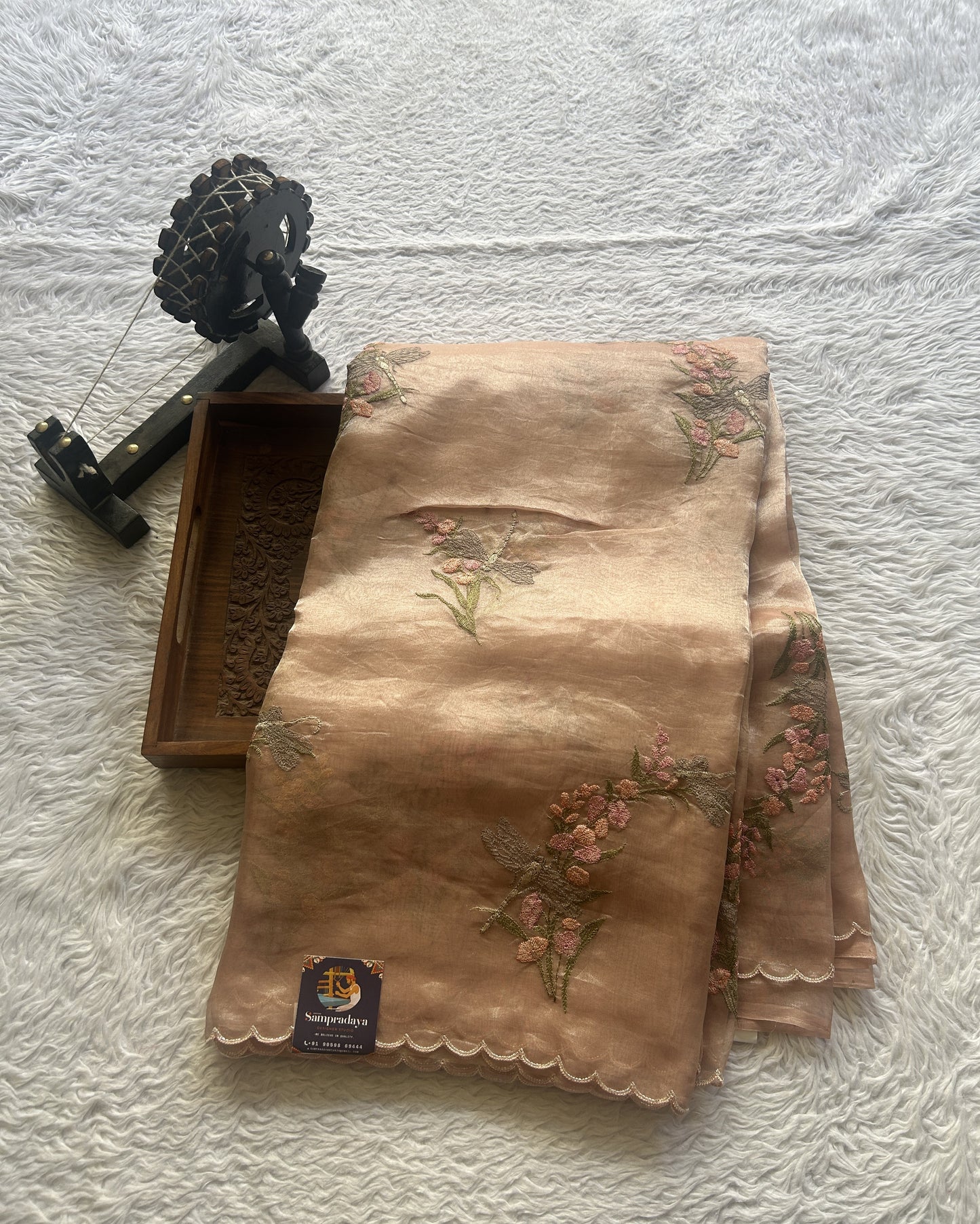 Banarasi Tissue Kora Saree Light Peach Colored Complemented with a Scallop Border. - Sampradaya Designer Studio