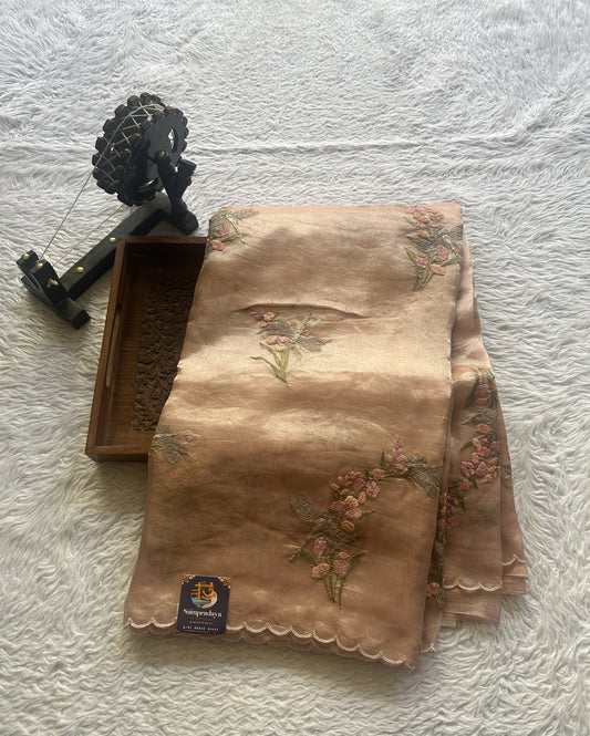 Banarasi Tissue Kora Saree Light Peach Colored Complemented with a Scallop Border. - Sampradaya Designer Studio