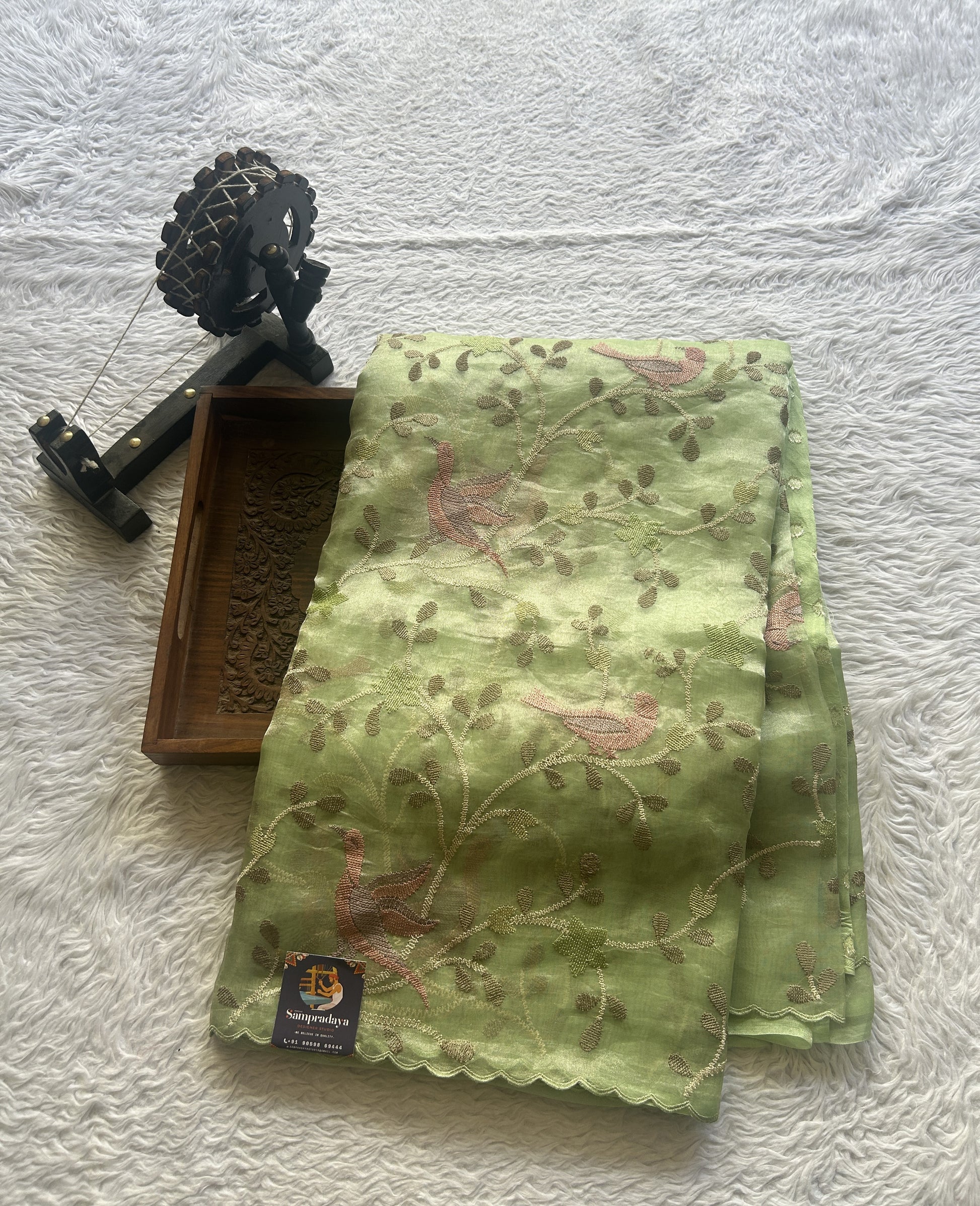 Banarasi Tissue Kora Saree Light Green Colored Complemented with a Scallop Border. - Sampradaya Designer Studio