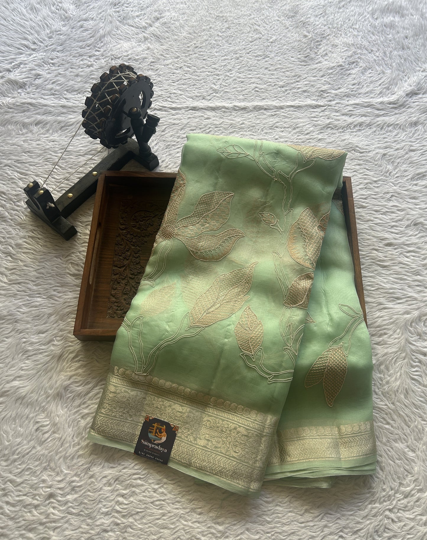Banarasi Tissue Kora Saree Sea Green Colored Complemented with a Scallop Border. - Sampradaya Designer Studio