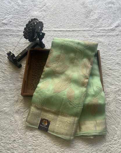 Banarasi Tissue Kora Saree Sea Green Colored Complemented with a Scallop Border. - Sampradaya Designer Studio