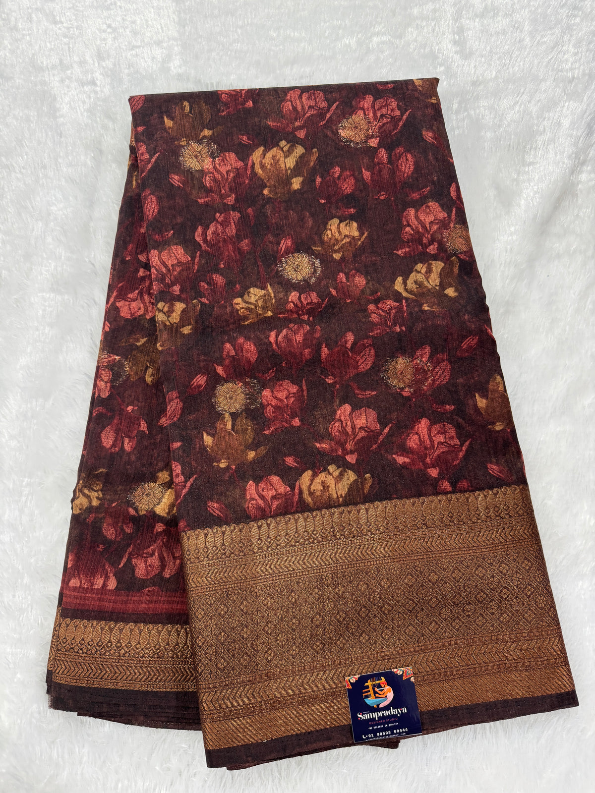 Semi Tussar Silk Saree -Brown color with Gold Zari Border - Elegant Fancy Saree for Party & Office Wear
