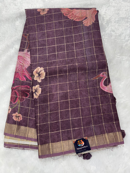 Semi Tussar Silk Saree -Purple Brown color with Gold Zari Border - Elegant Fancy Saree for Party & Office Wear