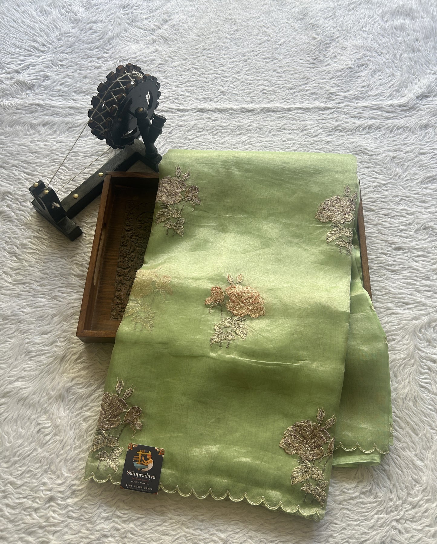 Banarasi Tissue Kora Saree Parrot Green Colored Complemented with a Scallop Border. - Sampradaya Designer Studio