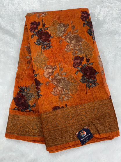 Semi Tussar Silk Saree - Orange color with Gold Zari Border - Elegant Fancy Saree for Party & Office Wear