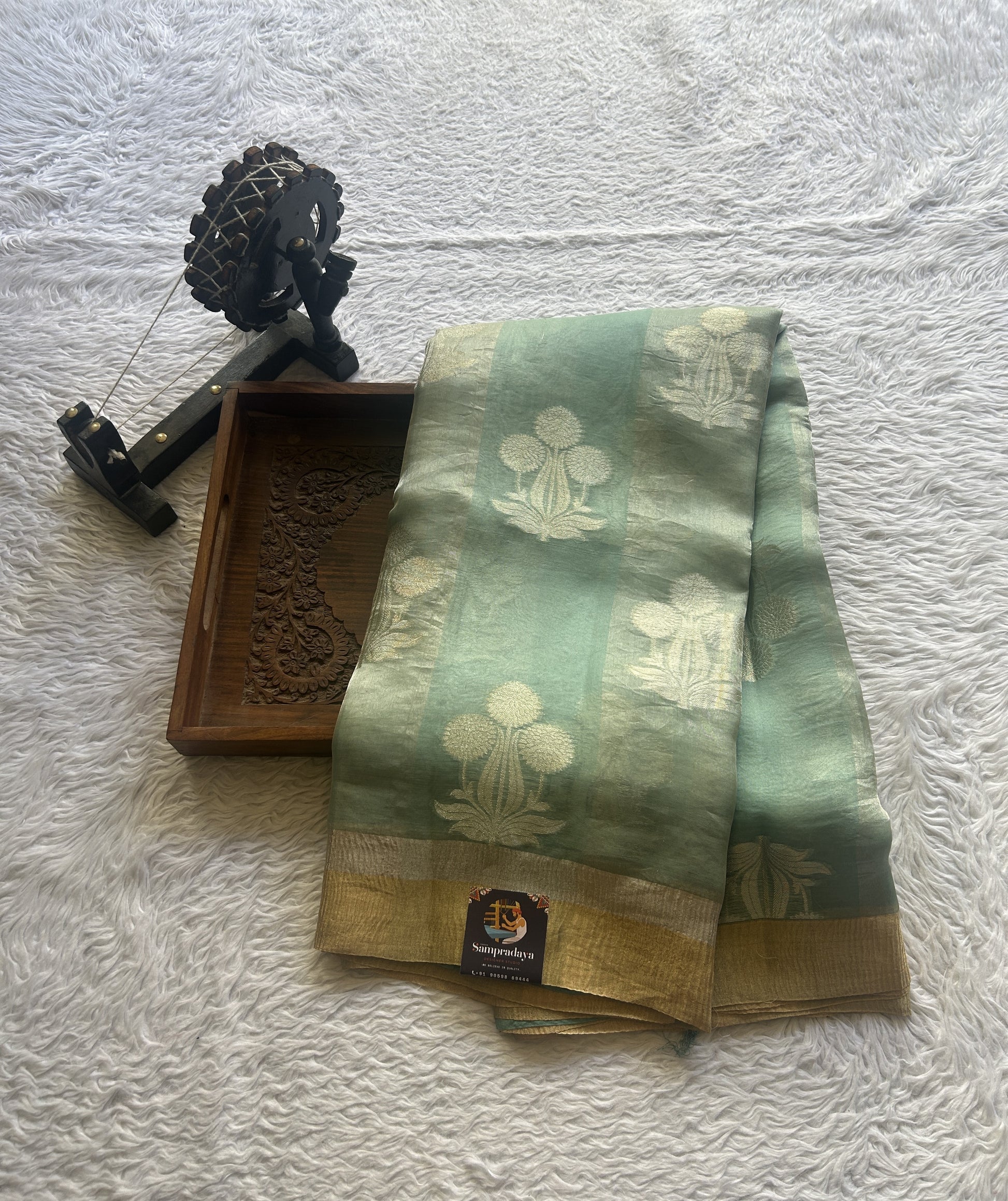 Banarasi Tissue Kora Saree Light Blue Colored Complemented with a Zari Border. - Sampradaya Designer Studio