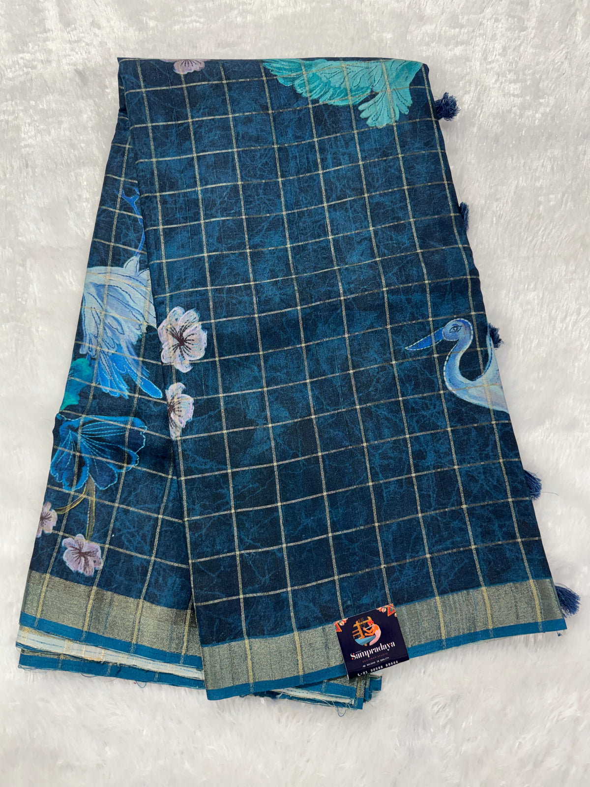 Semi Tussar Silk Saree -Navy Blue color with Gold Zari Border - Elegant Fancy Saree for Party & Office Wear