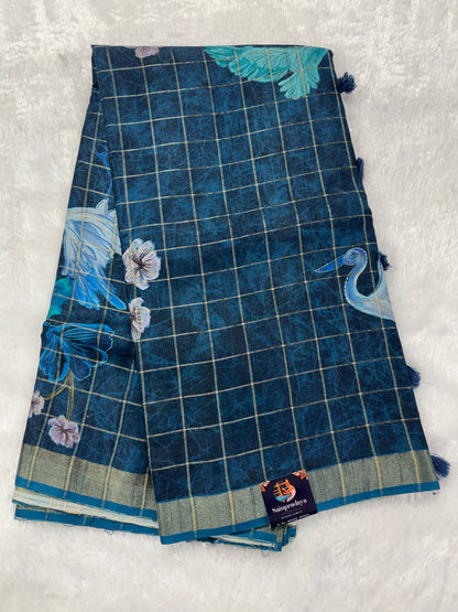 Semi Tussar Silk Saree -Navy Blue color with Gold Zari Border - Elegant Fancy Saree for Party & Office Wear