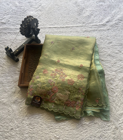 Banarasi Tissue Kora Saree Green Colored Complemented with a Scallop Border. - Sampradaya Designer Studio