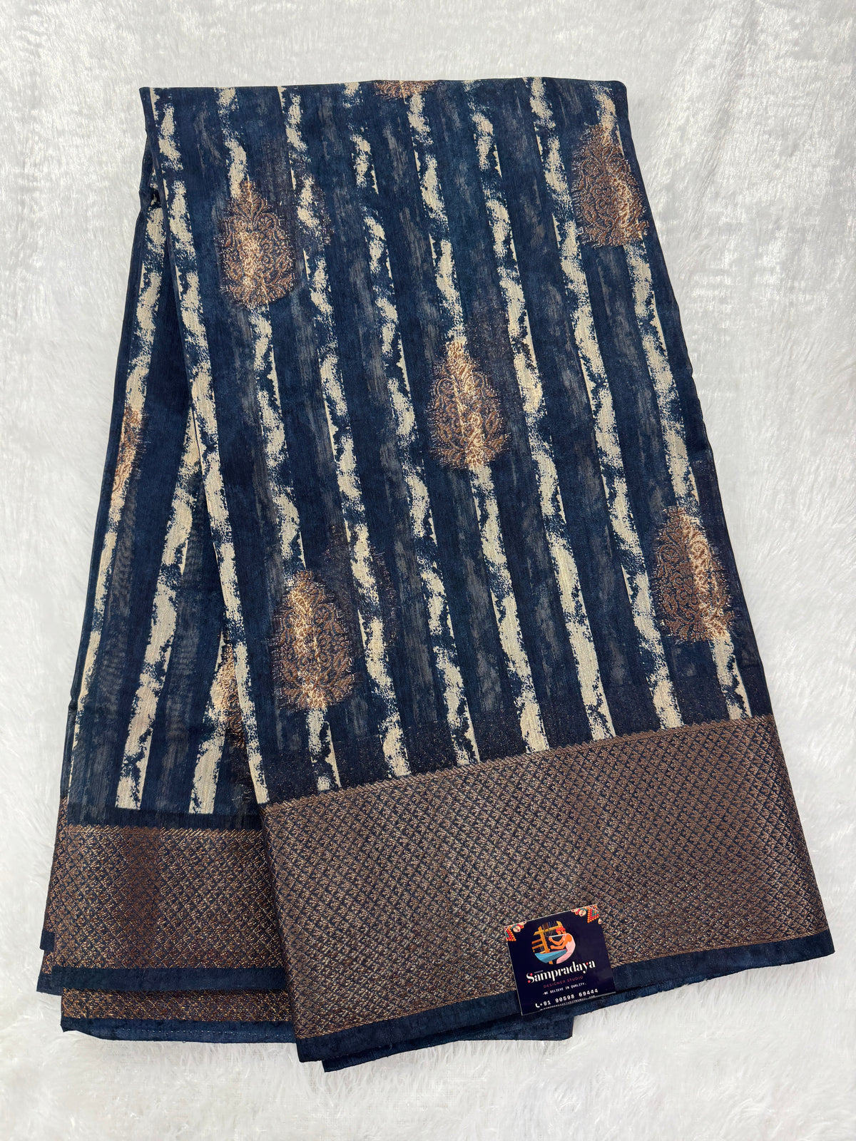 Semi Tussar Silk Saree -Dark Blue Gray color with Gold Zari Border - Elegant Fancy Saree for Party & Office Wear