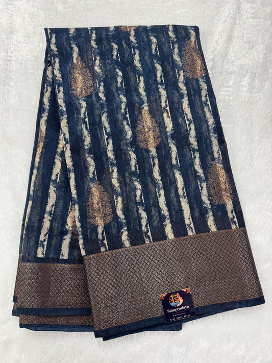 Semi Tussar Silk Saree -Dark Blue Gray color with Gold Zari Border - Elegant Fancy Saree for Party & Office Wear