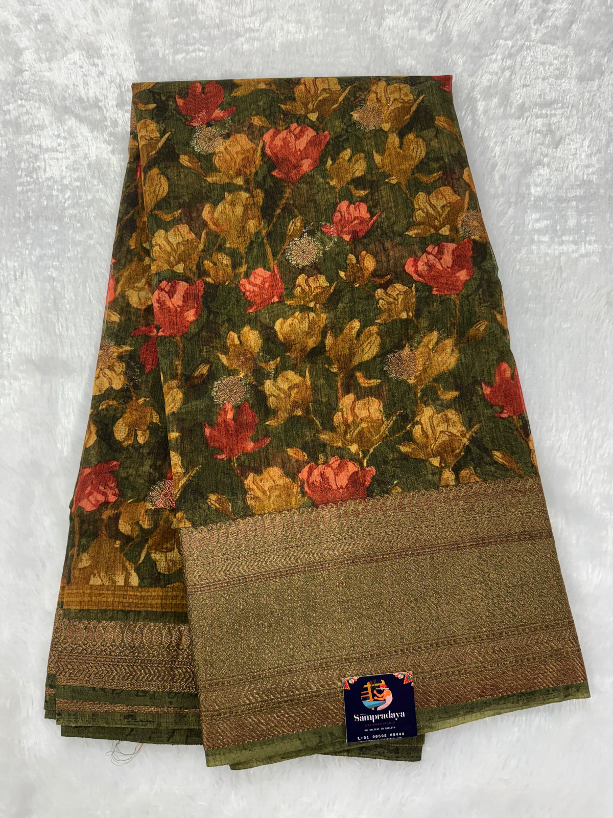 Semi Tussar Silk Saree -Mehandi Green color with Gold Zari Border - Elegant Fancy Saree for Party & Office Wear