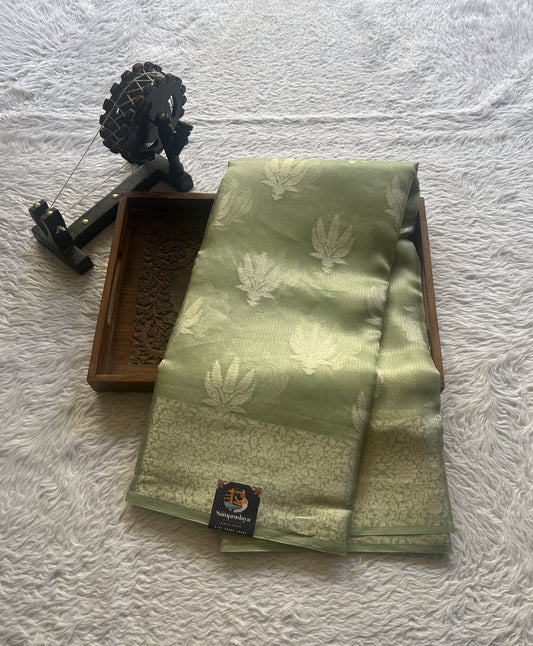 Banarasi Tissue Kora Saree Light Green Colored Complemented with a Zari Border. - Sampradaya Designer Studio