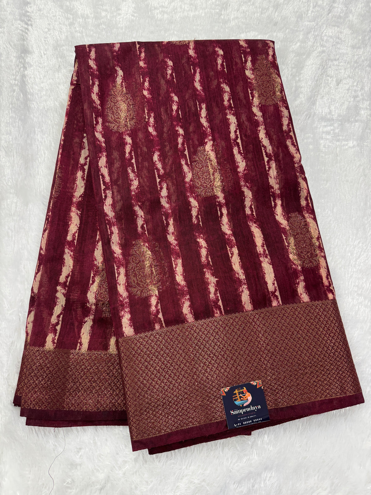 Semi Tussar Silk Saree -Maroon color with Gold Zari Border - Elegant Fancy Saree for Party & Office Wear