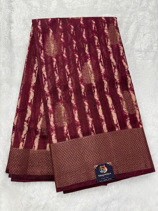 Semi Tussar Silk Saree -Maroon color with Gold Zari Border - Elegant Fancy Saree for Party & Office Wear