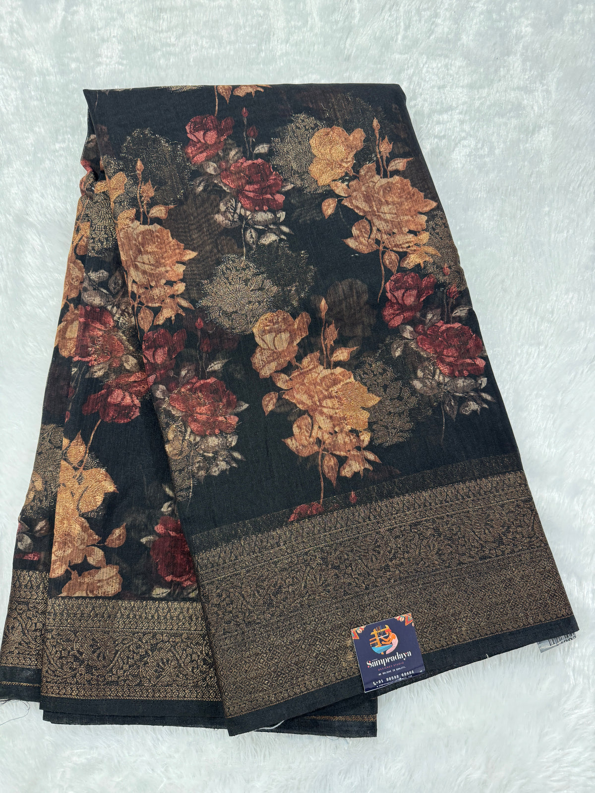 Semi Tussar Silk Saree -Black color with Gold Zari Border - Elegant Fancy Saree for Party & Office Wear