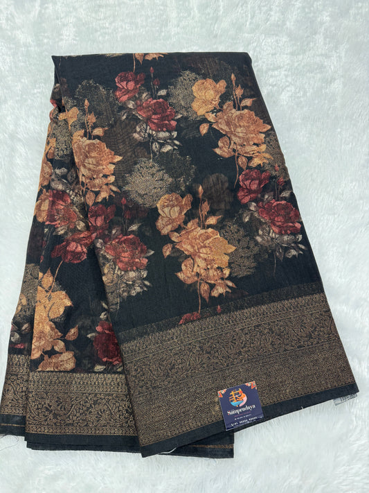 Semi Tussar Silk Saree -Black color with Gold Zari Border - Elegant Fancy Saree for Party & Office Wear