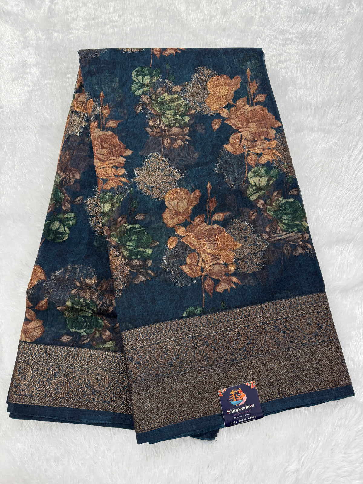 Semi Tussar Silk Saree - Carbon Blue color with Gold Zari Border - Elegant Fancy Saree for Party & Office Wear